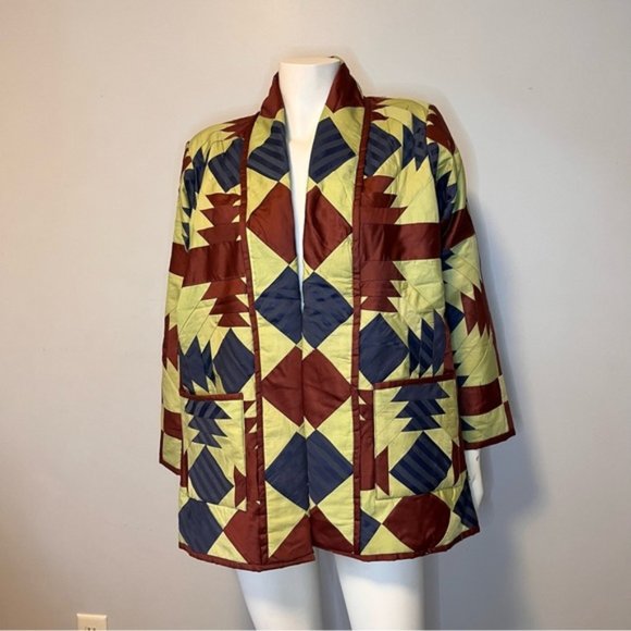 Handmade Lightweight Yellow, Burgundy and Blue Patchwork Jacket One Size - Picture 2 of 8